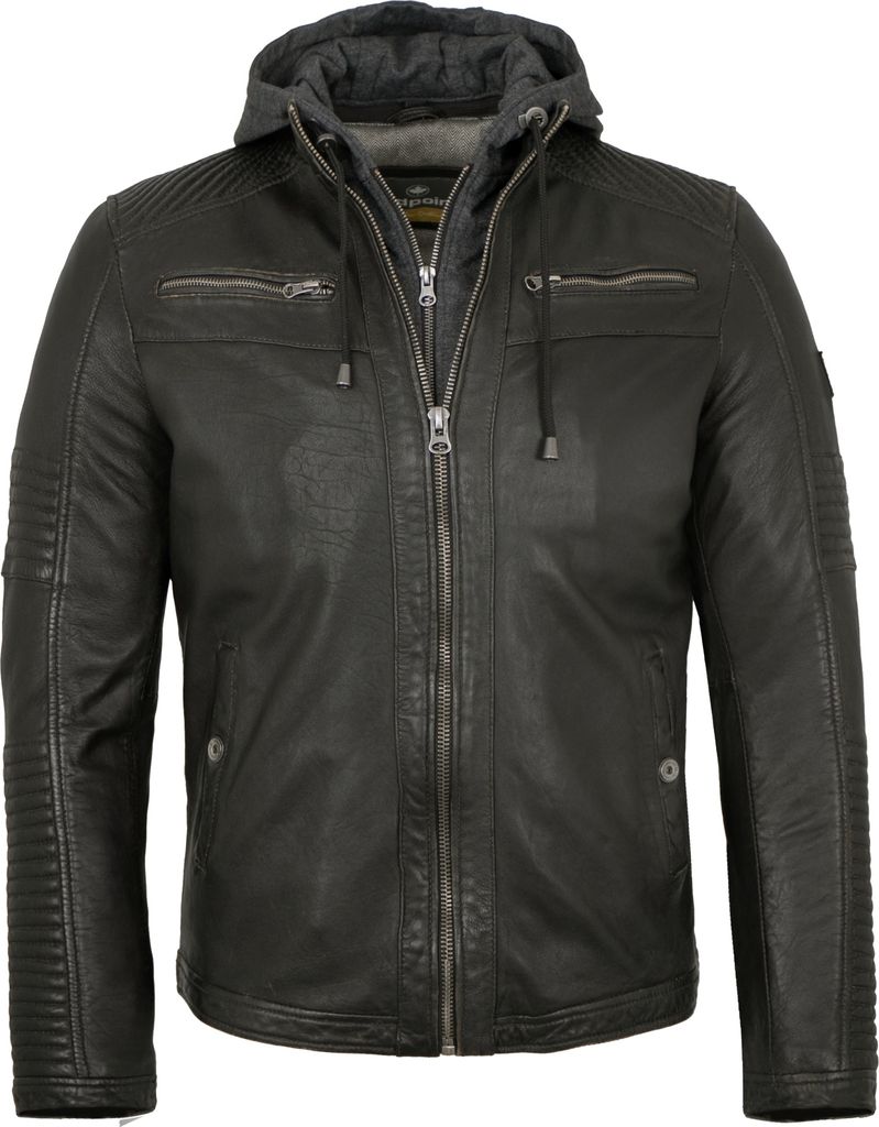 Redpoint - Herren Lederjacke Bikerjacke Kapuze Lammnappa schwarz antik : 60