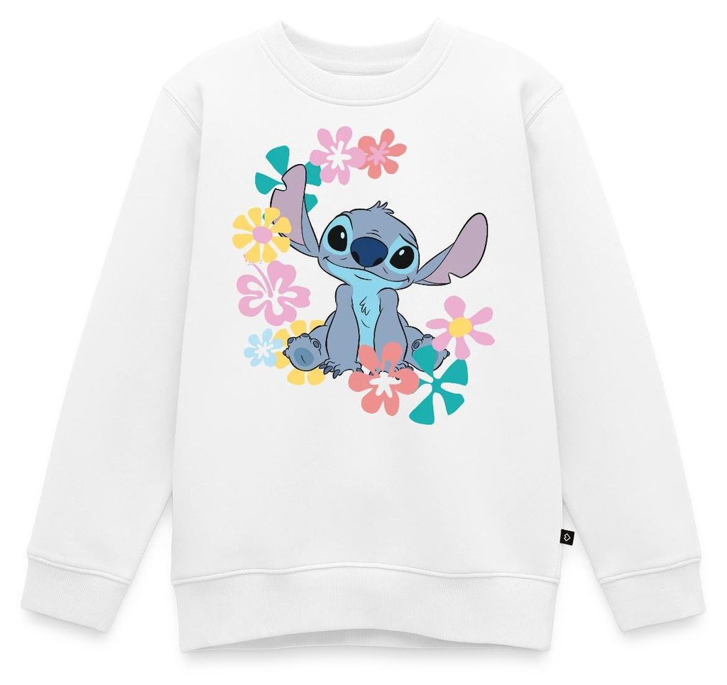 Lilo & Stitch | Stitch Mit Hawaiianischen Blumen Kinder Premium Pullover, 158/164 (12 Jahre), Weiß