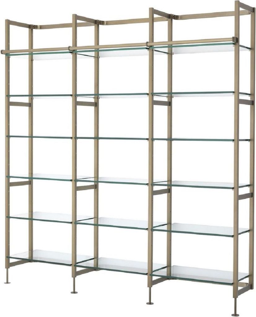 Casa Padrino Luxus Regalschrank Messingfarben 222,5 x 51 x H. 238 cm - Edelstahl Schrankwand mit 18 verstellbaren Glasregalen - Wohnzimmerschrank -...