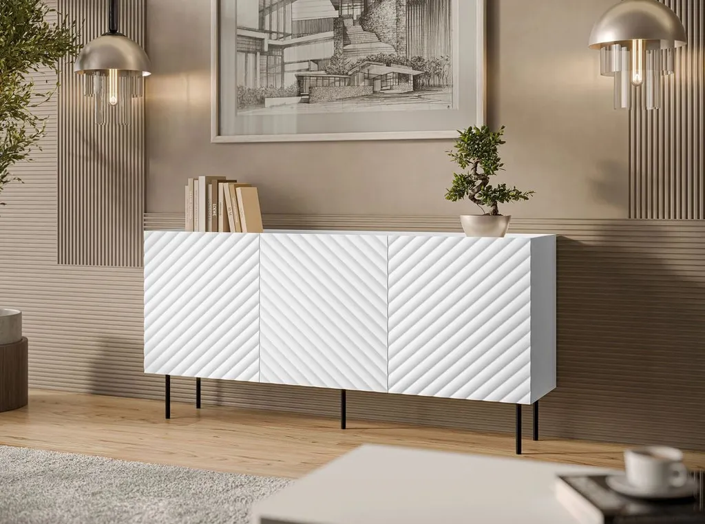 Buffet bas blanc avec portes NOXA - Meuble de rangement salon moderne