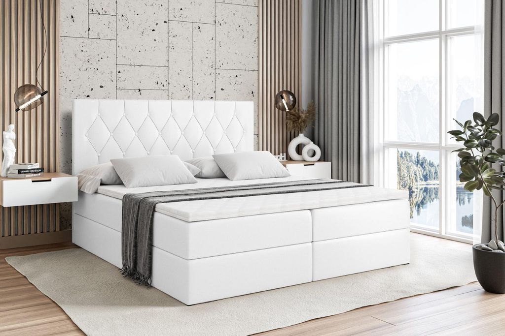 ALTDECOR Boxspringbett mit Matratze und Lattenrost - VELANTO -BZ - 200x200 cm - Weiß Kunstleder - Boxbett, Topper, Polsterbett mit Bettkasten, Bet...