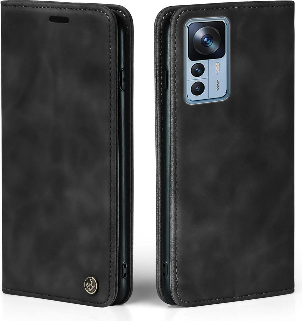 Two views of a black flip phone case for a Xiaomi 12T / 12T Pro.