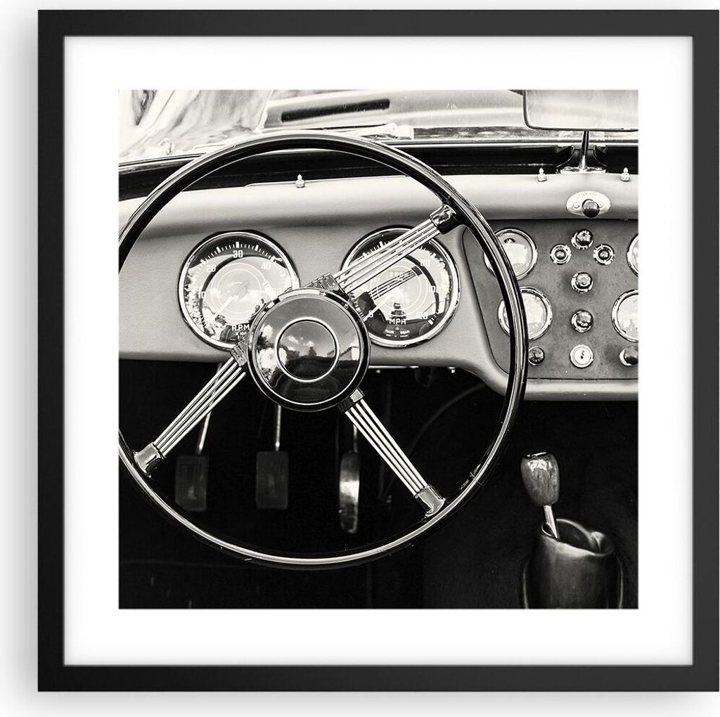 Gerahmtes Poster - Schwarzer Rahmen - Lenkrad Auto Vintage Produktbild 