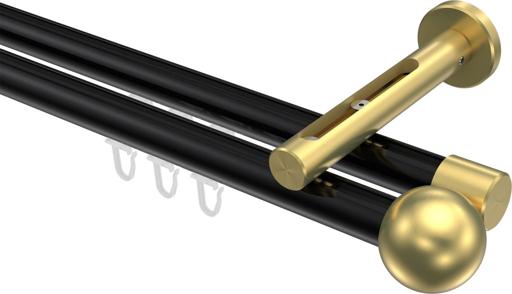 Interdeco Innenlaufstange / Gardinenstange mit Innenlauf Schwarz / Messing-Optik, Typ Siteno Luino (Kugel), 20 mm Ø 2-läufig, 200 cm