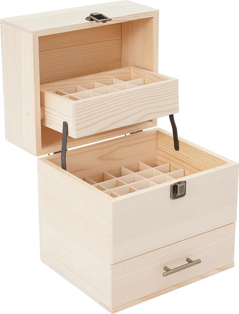 Aufbewahrungsbox für ätherische Öle - 3‐stöckiger Holz-Organizer - 59 Fächer - Für 15 ml & 10 ml Flaschen - Kiefernholz - 21,5×18,5×24,5 ...