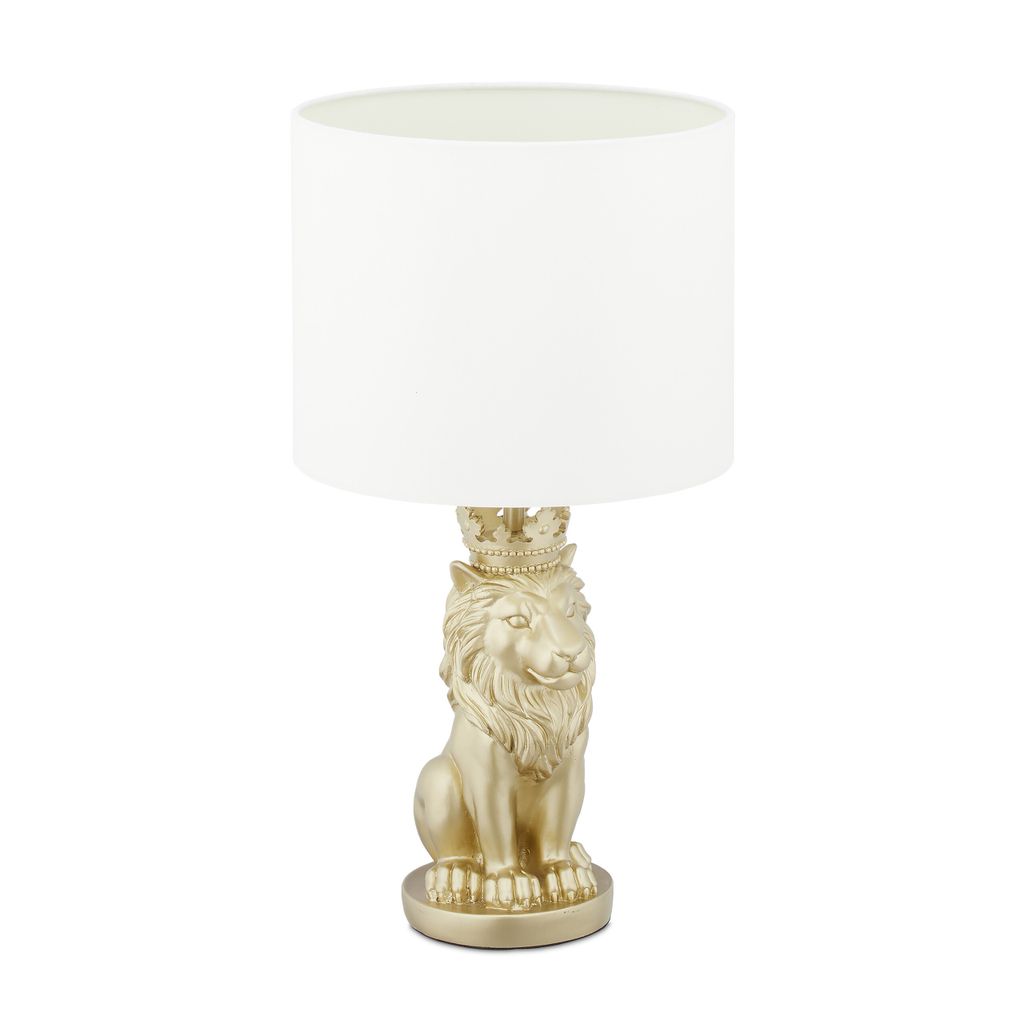 Relaxdays Tischlampe Löwe, Tischleuchte mit Stoffschirm, Produktbild 