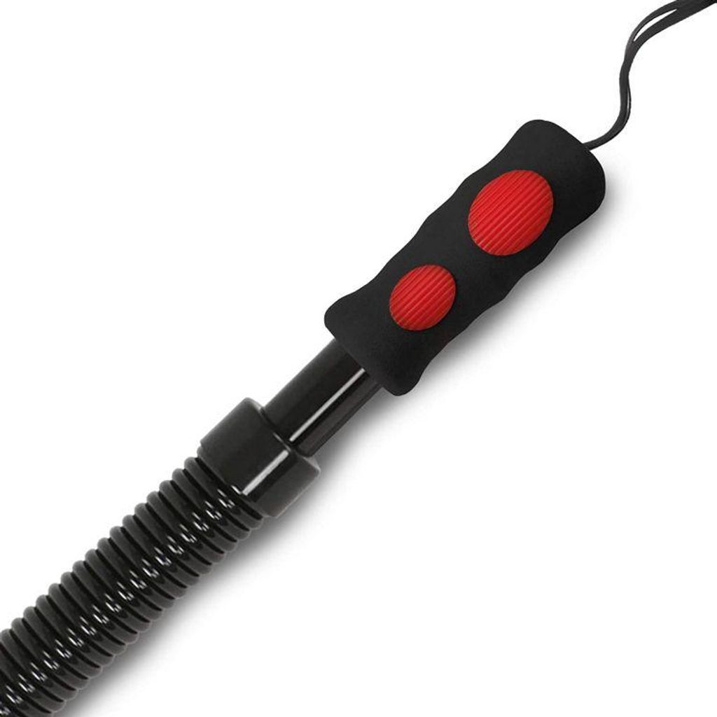 A close-up product shot of a black grip with red inserts, attached to a black ribbed tube, on a white background.