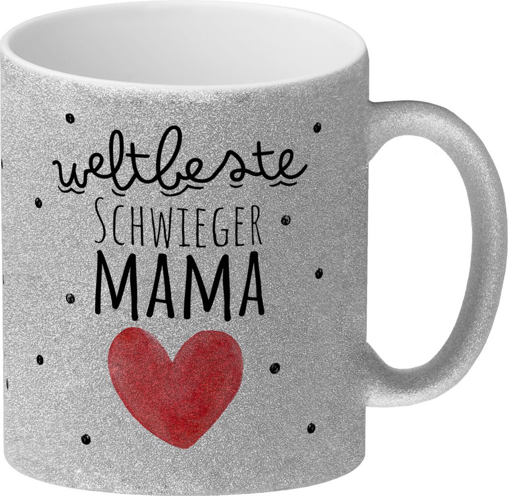 Schwiegermutter Glitzer-Kaffeebecher mit Spruch Weltbeste Schwiegermama
