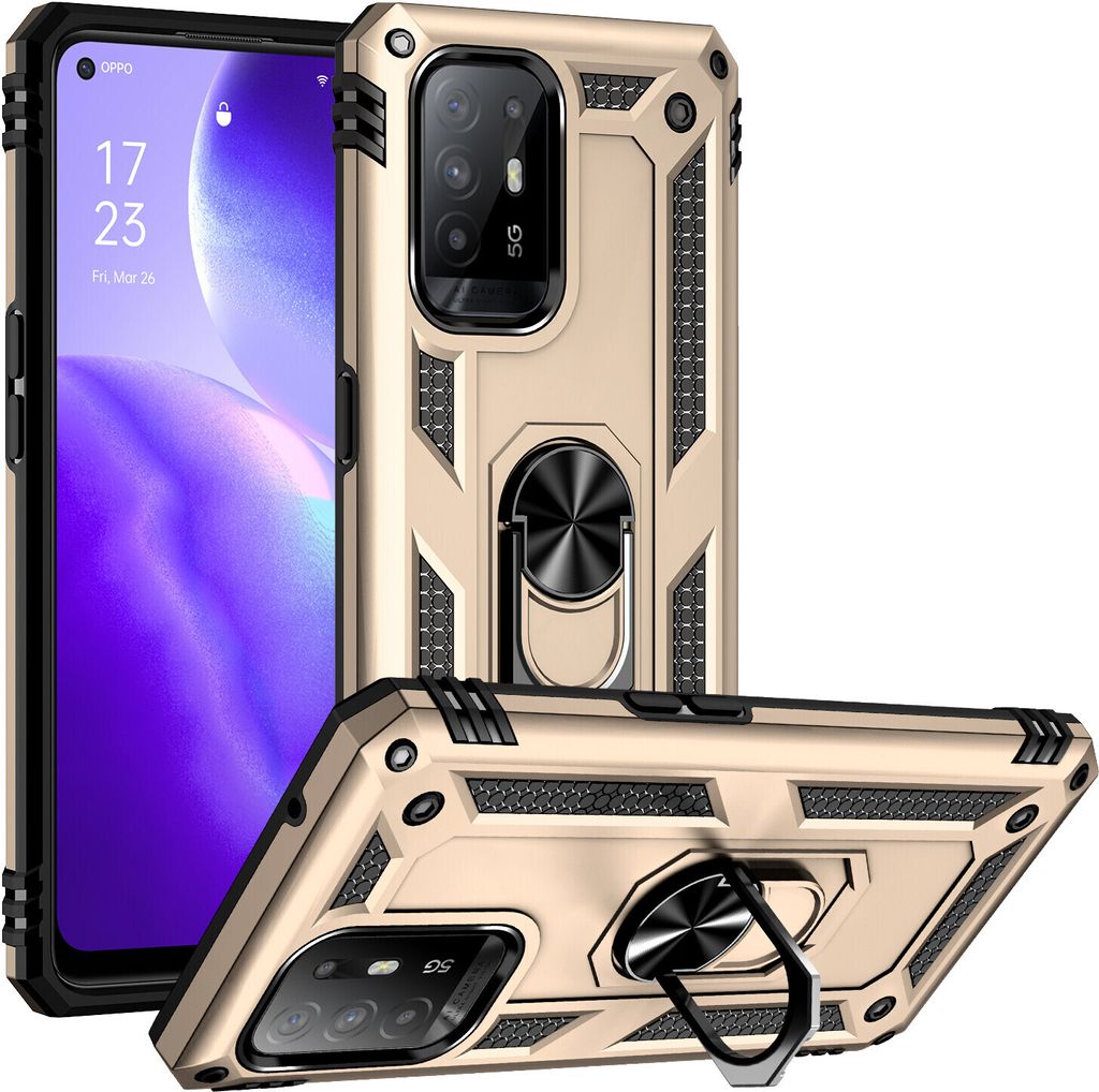OPPO A94 5G Hülle, Dual Layer Robust Militäre Schutzhülle mit Ringhalterung Ständer für OPPO F19 Pro+ 5G/A94 5G/A95 5G / Reno5 Z Gold