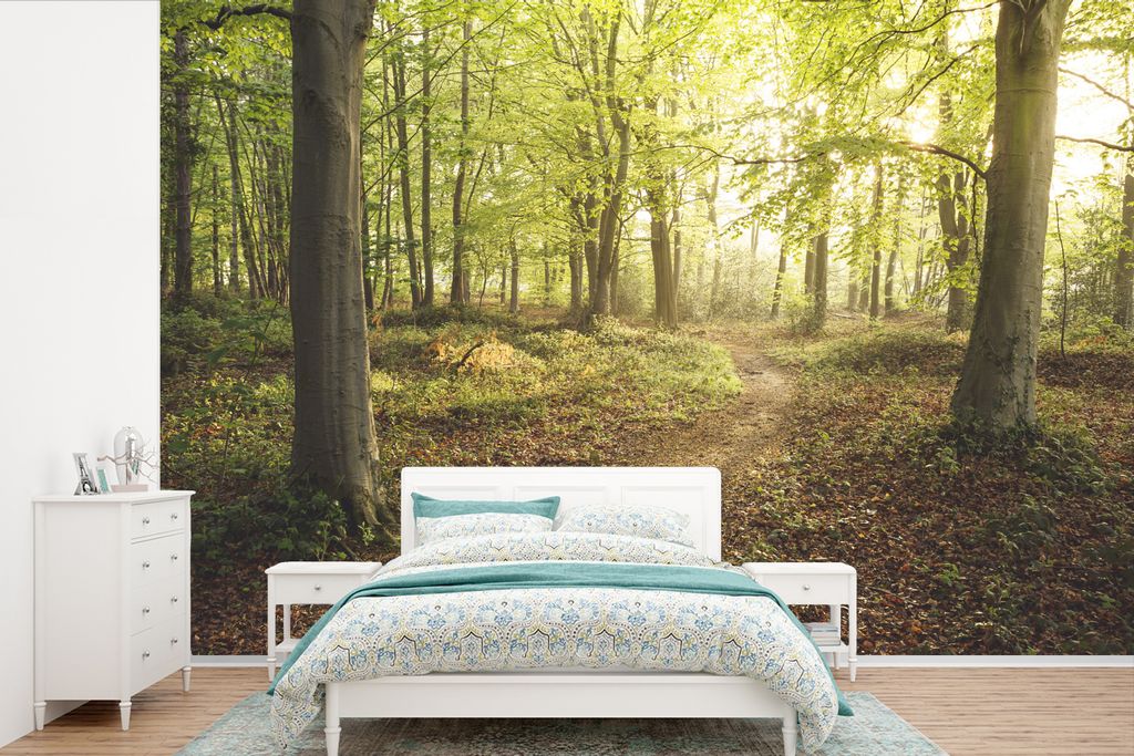 MuchoWow Fototapete für Wohnzimmer oder Schlafzimmer Wandtapete Vinyl Motivtapete Wald - Weg - Sonnenaufgang - 330x220 cm - Fototapeten