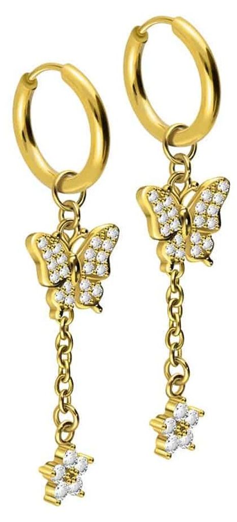 Chirurgenstahl Ohrclicker Creolen KRISTALLSCHMETTERLING + KRISTALLBLUME Gold Innendurchmesser: 10mm + Designstärke: 2mm
