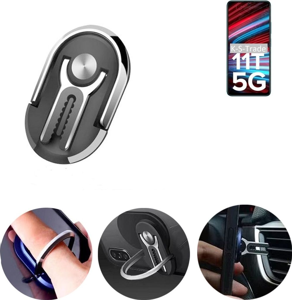 K-S-Trade 3in1 Smartphone-Ring Handy-Ring kompatibel mit Xiaomi Redmi Note 11T 5G Fingerhalterung Handyring Tischständer Lüftungsgitter-Halterung