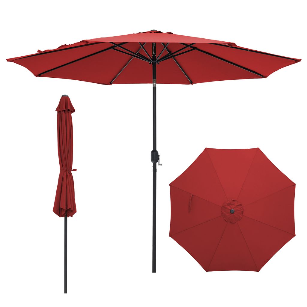 A red patio umbrella is shown in three different views: fully open, closed and upright, and from a top-down perspective.