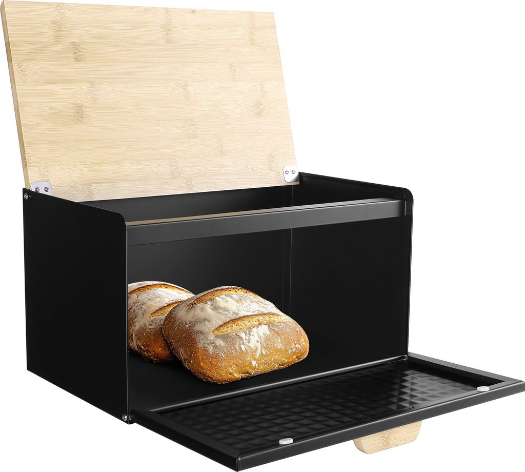 Navaris Brotkasten Metall Groß Schwarz - Brotbox Küche mit Bambus Deckel - Praktische Aufbewahrung Brot - Brotaufbewahrungsbox - Bread Box - Brot...