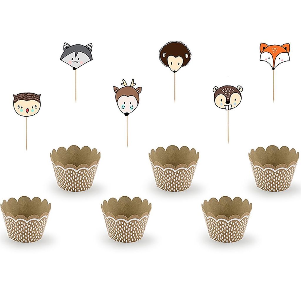 Muffin Förmchen 5x7,5x5cm & Cake Topper 7-10cm Waldtiere bunt 6er Set