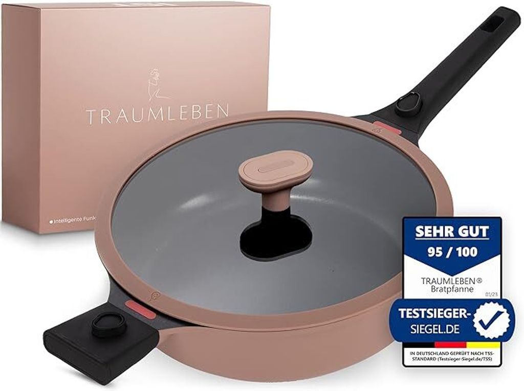 Bratpfanne 28 cm mit Deckel, abnehmbaren Griffen & Antihaftbeschichtung, PFOA-frei, für Induktion geeignet, backofenfest, hoher Rand, Pfanne (rosa)