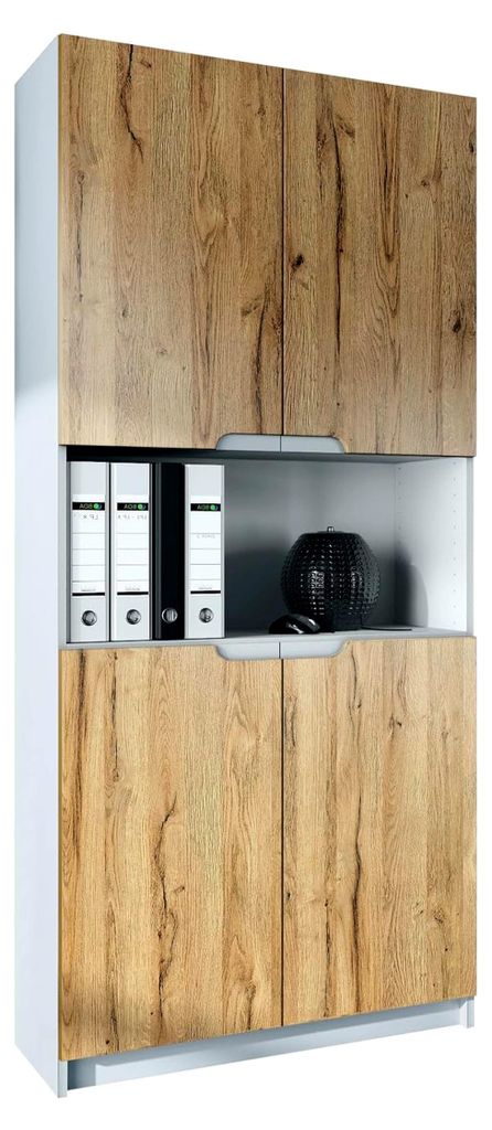Büroschrank Logan V2, Aktenschrank mit 5 Fächern und 4 Türen, Weiß matt/Eiche Natur (82 x 184 x 37 cm)