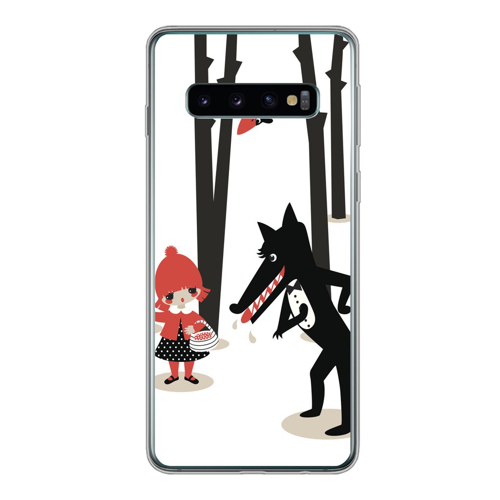 MuchoWow Handyhülle Schutzhülle Hülle für Samsung Galaxy S10 Rotkäppchen - Wolf - Wald Silikon Softcase Handy Hülle - Handytasche