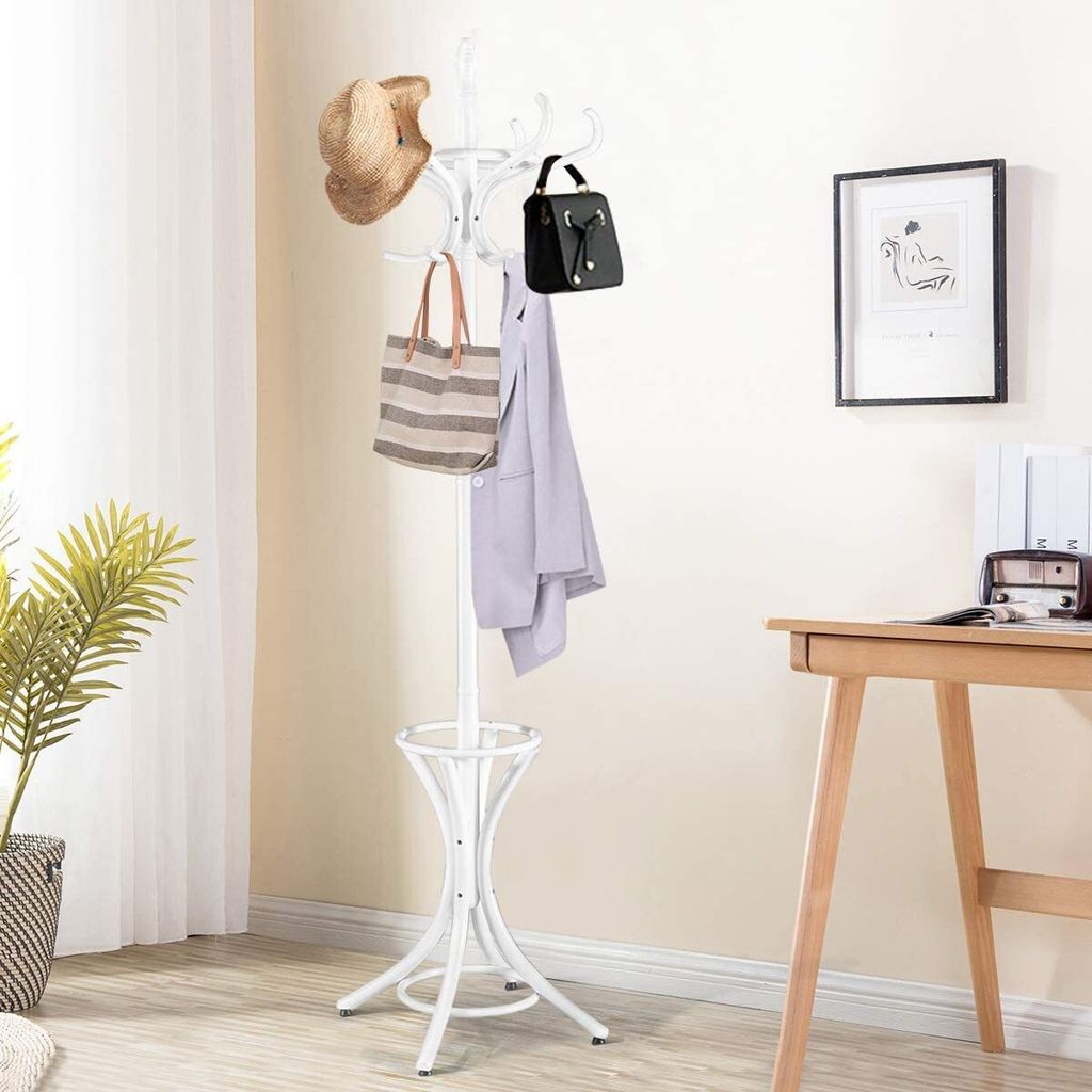 GOPLUS Garderobenständer 184cm, Garderobe aus Holz, Kleiderständer mit Schirmständer, Garderobe-Aufhänger mit 12 Kleiderhaken