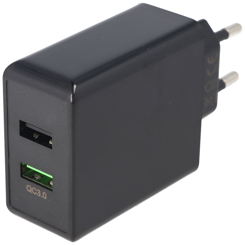 Dual USB snellader, USB QC3.0, 28W, zwart. Laadt tot 4 keer Productafbeelding 