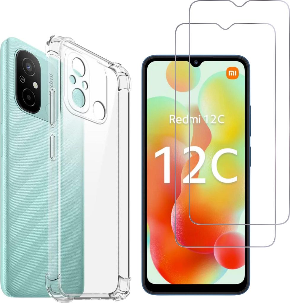 Stoßfeste Hülle für Xiaomi Redmi 12C mit 2 Displayschutzfolien aus Hartglas Phonillico