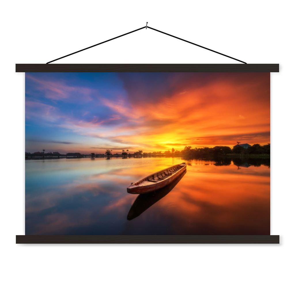 MuchoWow Textilposter Boot - Wasser - Sonnenuntergang - Orange - Wasser 120x80 cm mit schwarzem Rahmen - Wanddeko