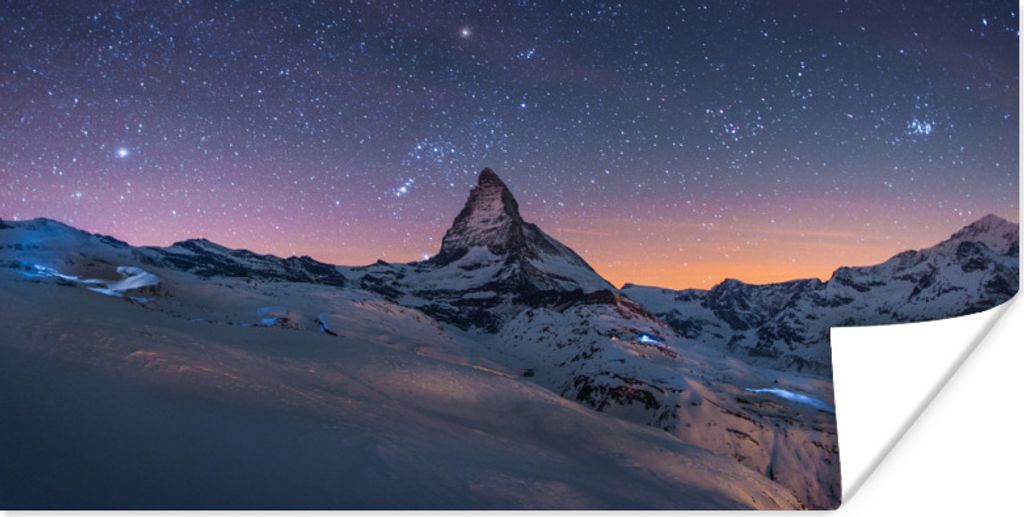 MuchoWow Poster Nacht über der Landschaft im Winter des Schweizer Matterhorns 40x20 cm - Poster für die Wand - Poster Schlafzimmer
