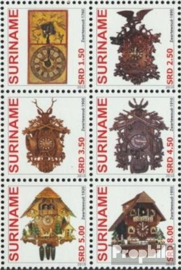 Briefmarken Suriname 2010 Mi 2374-2379 Sechserblock (kompl.Ausg.) postfrisch Schwarzwälder Kuckucksuhren