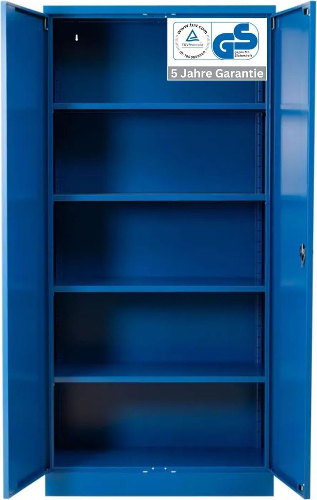 Stahlschrank BEE mit 5 lackierten Fachböden | HxBxT 195x92x42cm | Korpusfarbe Enzianblau, Frontfarbe Enzianblau | Werkstattschrank Werkzeugschrank...