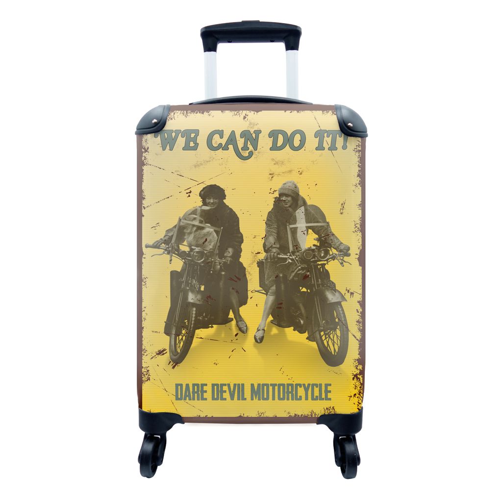 MuchoWow Koffer Handgepäck Trolley Rollkoffer Kleine Reisekoffer mit 4 Rollen - Motorrad - Retro - Frauen - Zeichnung - Cabin Size < 55x40x23 cm...
