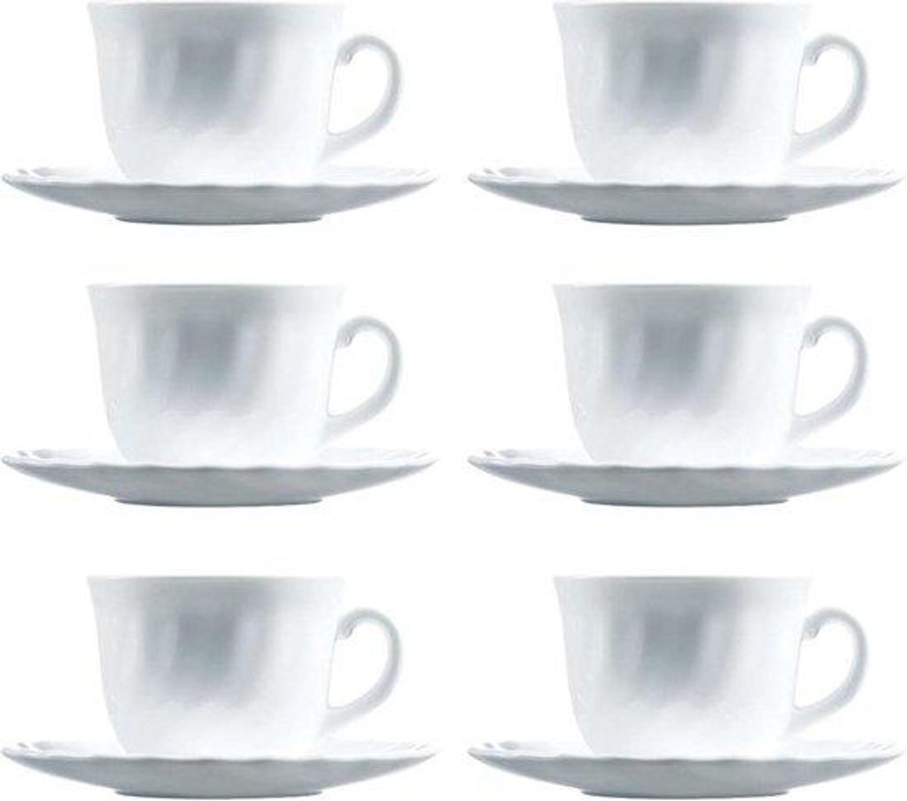 Kaffeeservice Weiß aus Hartglas, 6 Tassen und 6 Untertassen mit Rillen