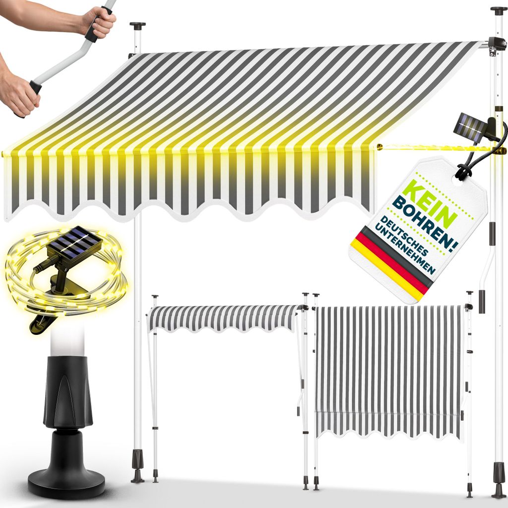 tillvex Klemmmarkise 250 cm Grau/Weiß mit Solar LED mit Handkurbel Balkon | Balkonmarkise ohne Bohren | Markise UV-beständig & höhenverstellbar ...
