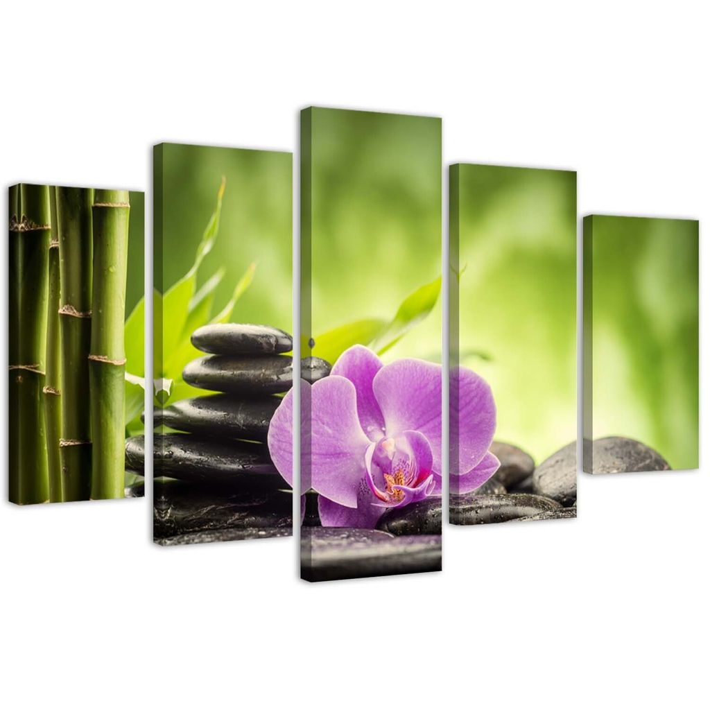 5-teiliges leinwandbild zen-komposition mit steinen und orchidee 200x100 cm Feeby grün wandbild bereit zum aufhängen