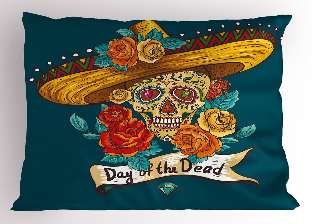 ABAKUHAUS Tag der Toten Kopfkissenbezug, Mexikanischer festlicher Hut-Schädel mit Rosen-Kunstdruck, 40x80 cm, Petrol Blau Türkis