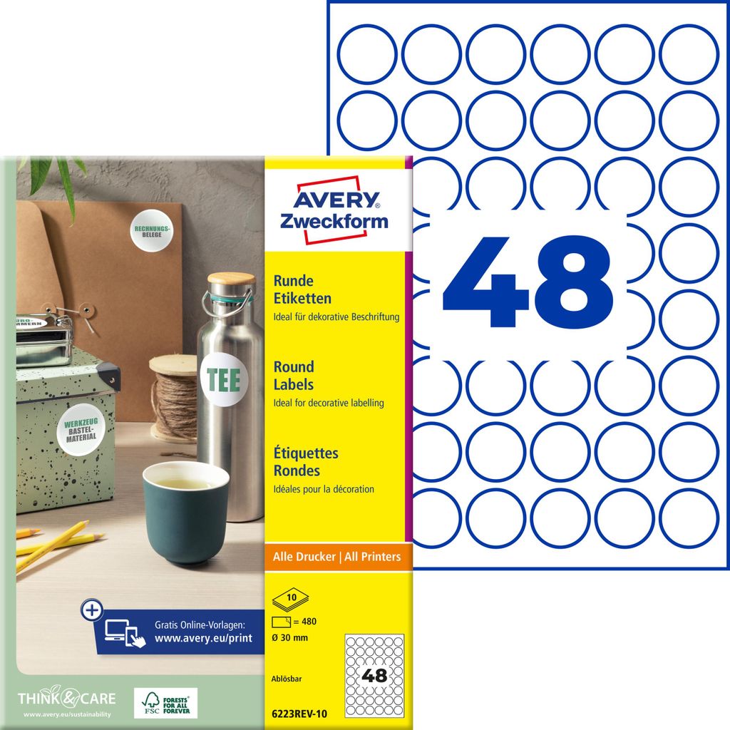 Avery Zweckform 6223REV-10, Runde Etiketten, ablösbar, A4, Produktbild 