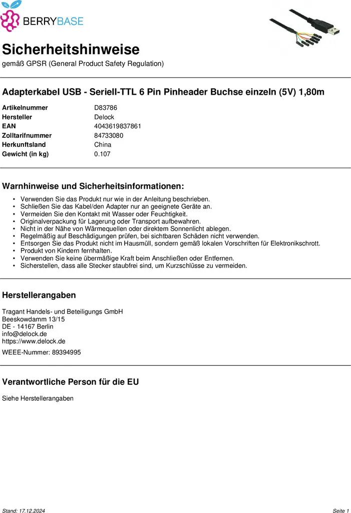 Câble USB TTL 5V Delock pour Programmation Arduino et Débogage Série
