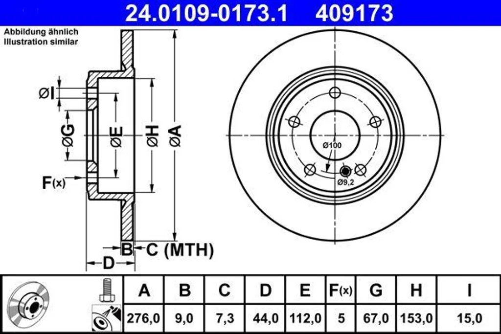Disque de frein haute qualité ATE 24.0109-0173.1 au standard d'origine