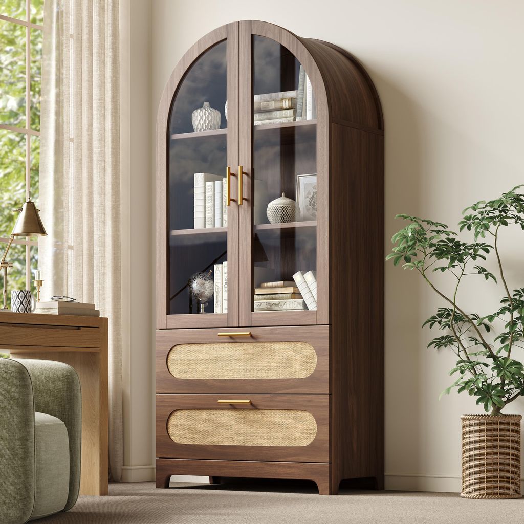 Vitrine Montmartre 175x80x40cm Bücherschrank mit Glastüren & 2 Schubladen, Retro-Design Nussbaum, höhenverstellbare Regalböden, Sideboard mit K...