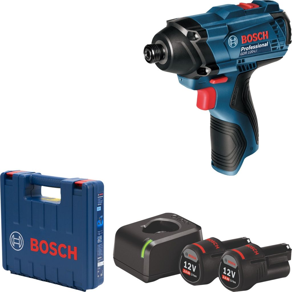 A Bosch Professional GDR 120-LI Akku-Schlagschrauber kit, including the impact driver, a carrying case, a charger, and two batteries, displayed against a white background.