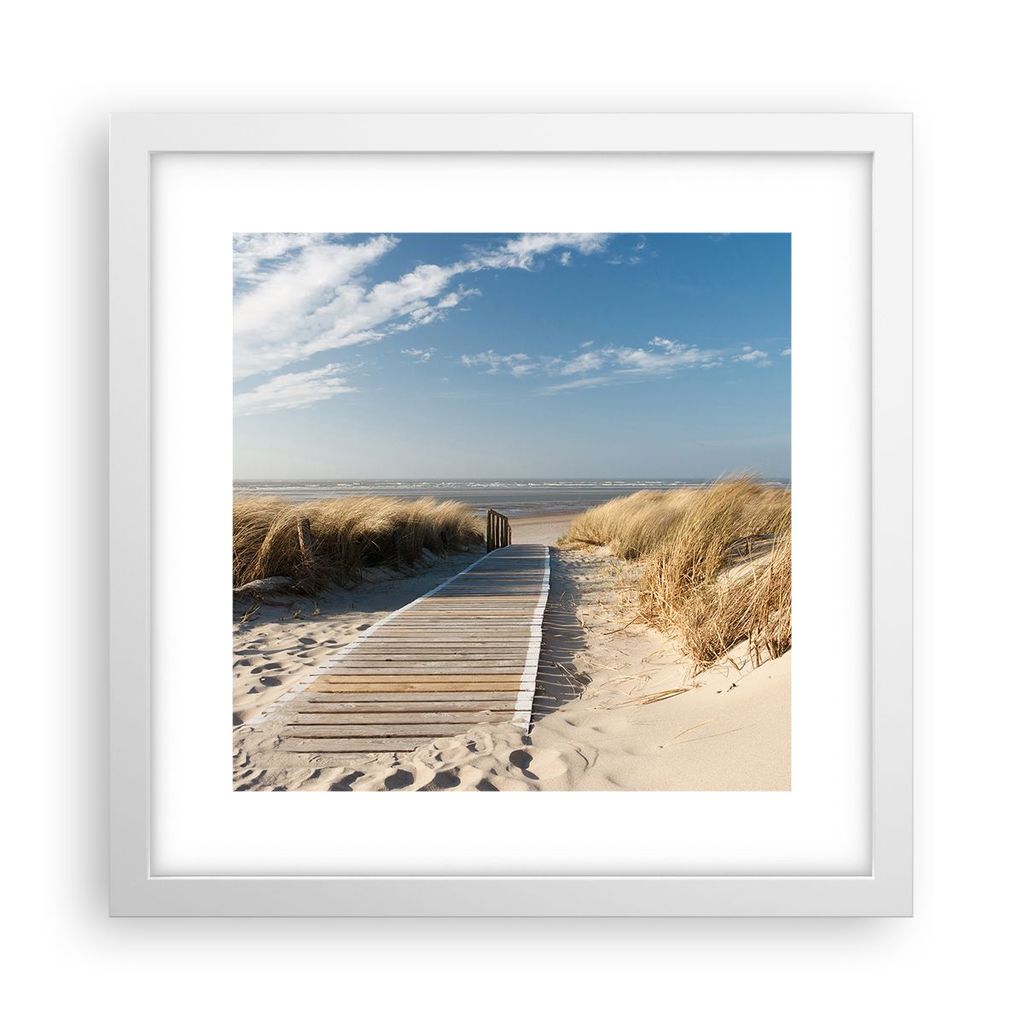 Gerahmtes Poster - Weißer Rahmen - Strand Meer Fußgängerbrücke Ufer - 30x30 cm - Wand Bild - Wanddeko - Wandbilder - Wandposter - Bilderrahmen ...