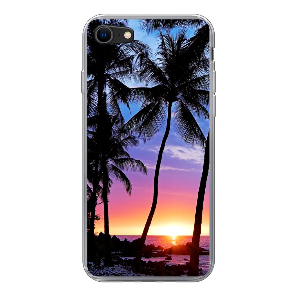 MuchoWow Handyhülle Schutzhülle Hülle für iPhone SE 2022 Der farbenprächtige Sonnenuntergang hinter einer Reihe von Palmen auf Hawaii Siliko...