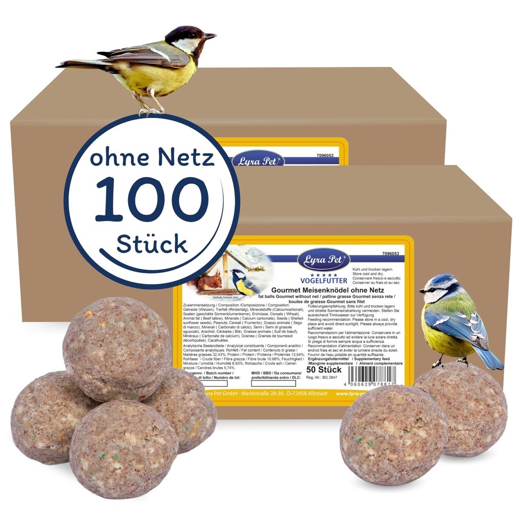 A product shot of bird food balls and their packaging, with birds depicted.