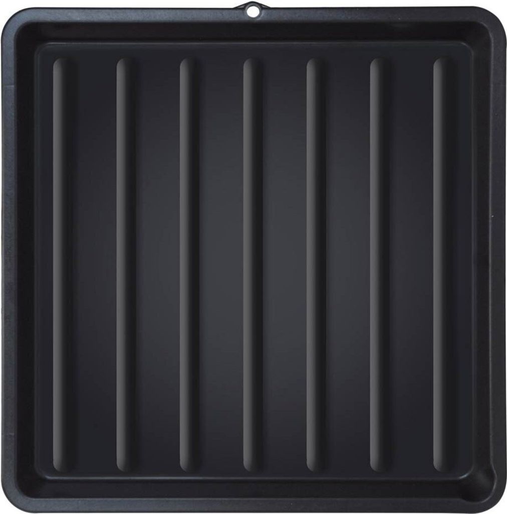 A top-down view of a black plastic grill cleaning tub with raised ridges.
