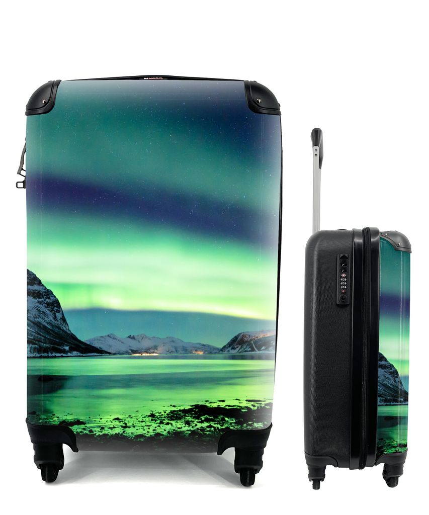 MuchoWow Koffer Handgepäck Trolley Rollkoffer Kleine Reisekoffer mit 4 Rollen - Nordlicht - Norwegen - Eis - Gelb - Berg - Wasser - Schnee - Cab...