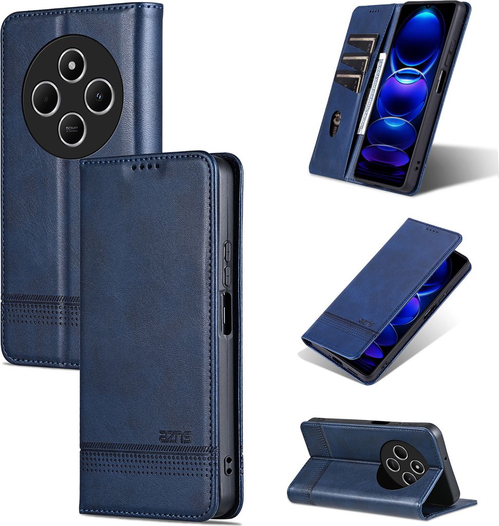 A collage of images showing a blue leather phone case for a Xiaomi Redmi 14C / Poco C75 4G.