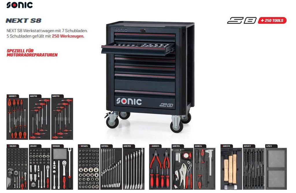 SONIC NEXT S8 Werkstattwagen 250tlg Werkzeuge Motorräder Werkzeugwagen Werkstatt