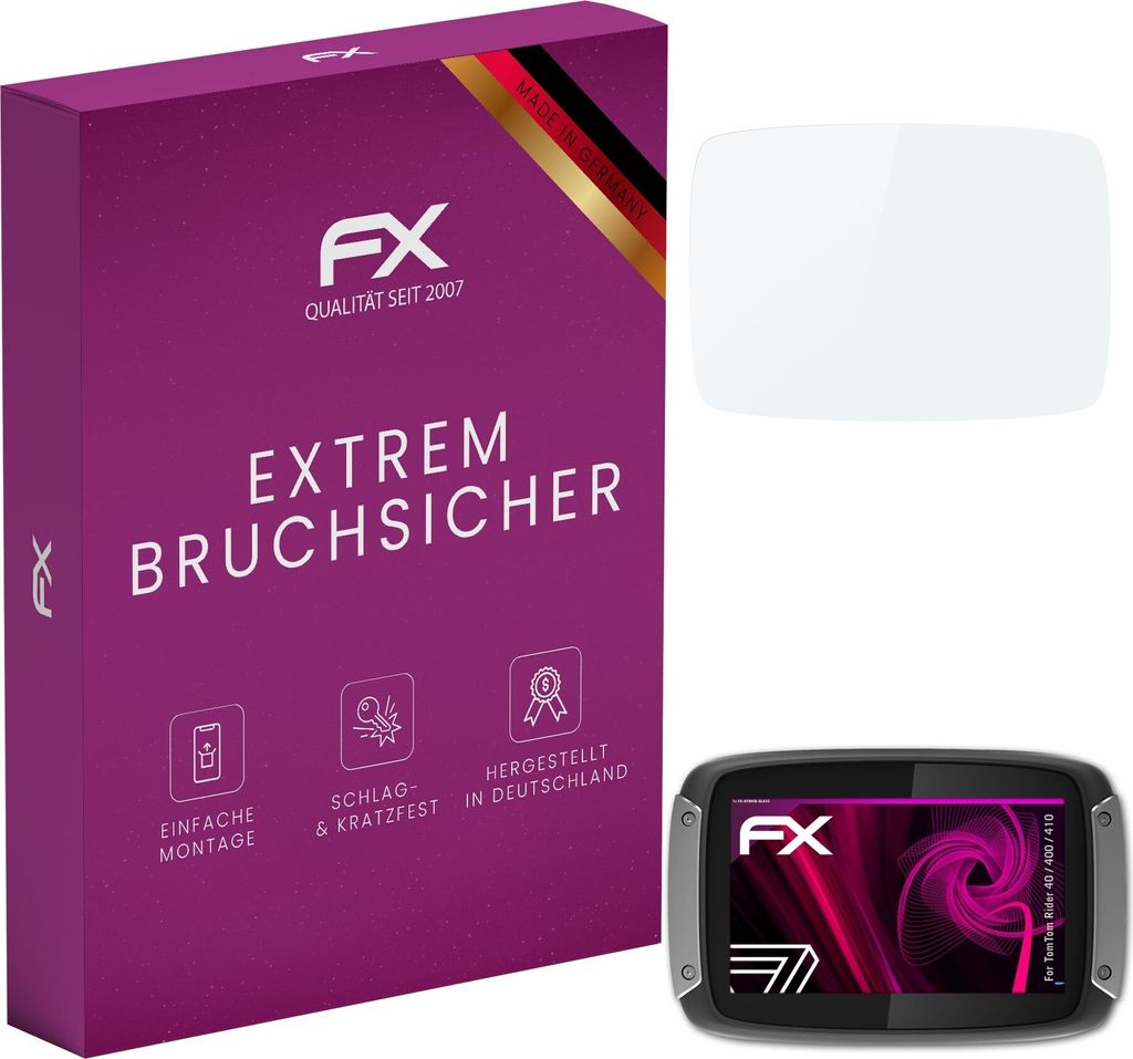 atFoliX FX-Hybrid-Glass Displayfolie kompatibel mit TomTom Rider 40 / 400 / 410 Glasfolie