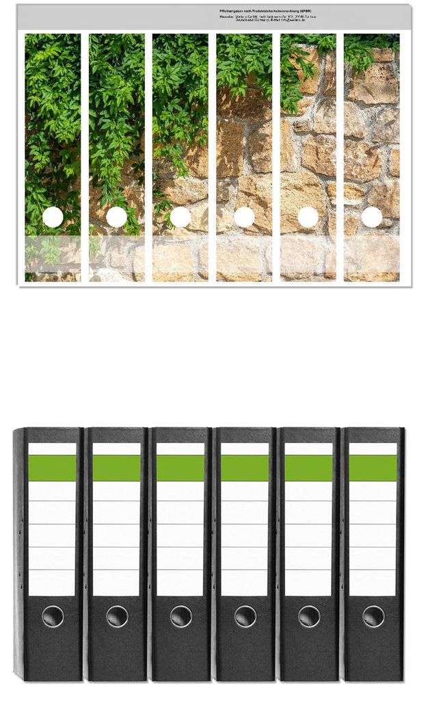 Wallario 6 Stück breite Ordner inkl. Klebeetiketten mit Motive Natursteinwand mit Ranken - Set mit Rückenschildern / Ordnerrücken Stickern