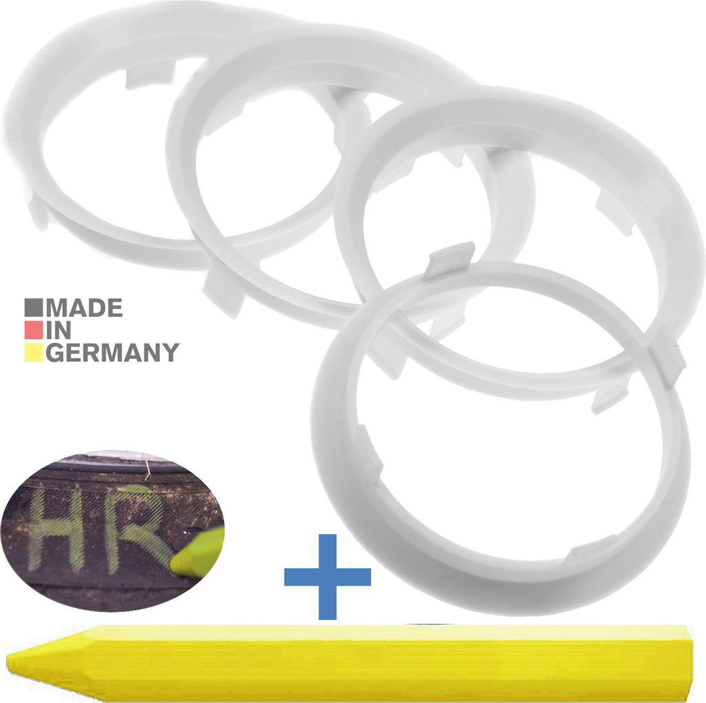 4X Zentrierringe 60,1 x 56,6 mm Weiss Felgen Ringe + 1x Reifen Kreide Fett Stift