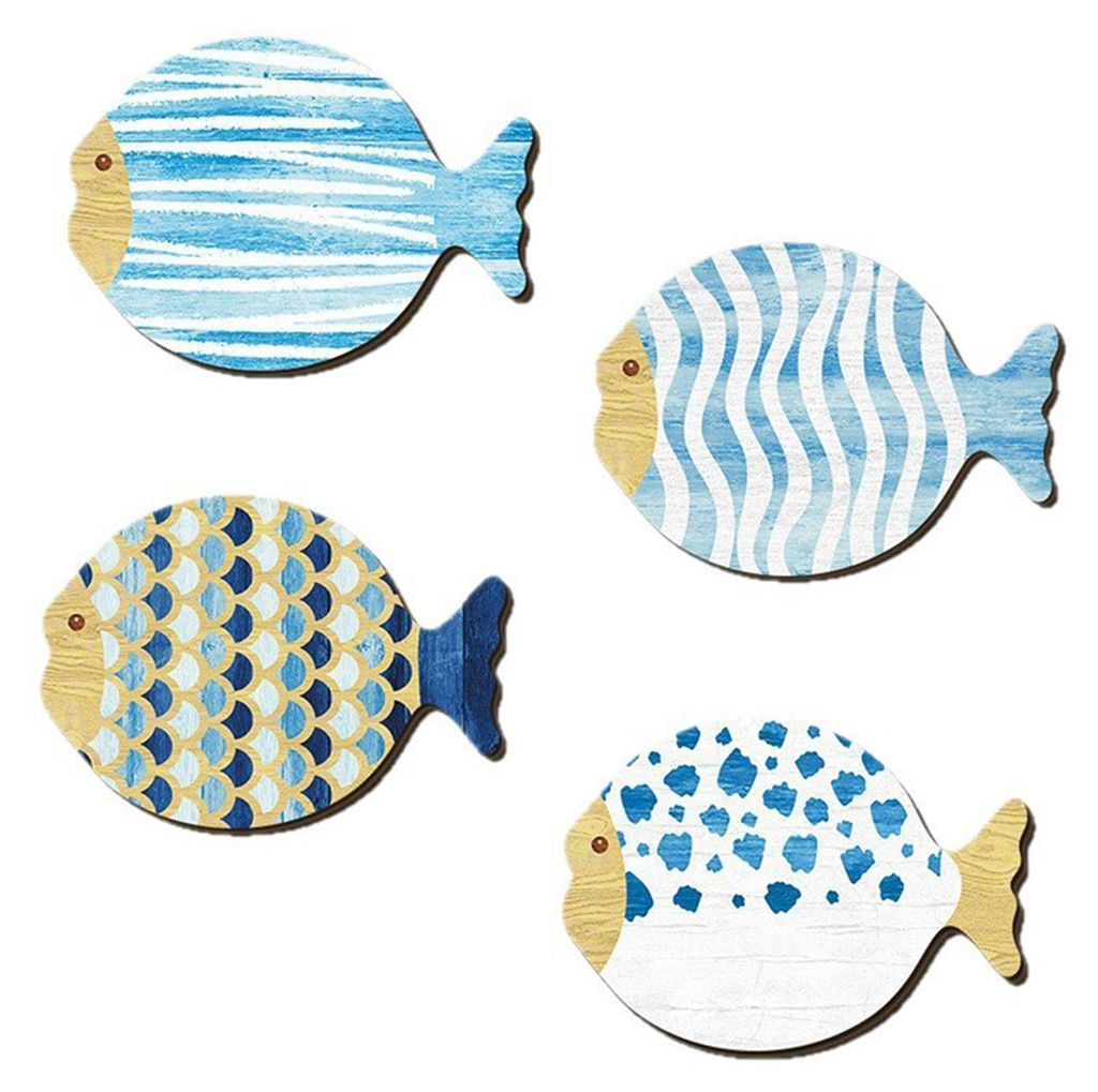 4-teiliges Set Wanddekoration aus Holz, Fische, rustikales maritimes Design, Wandskulptur, Wanddekoration für Wohnzimmer, Badezimmer, Schlafzimmer